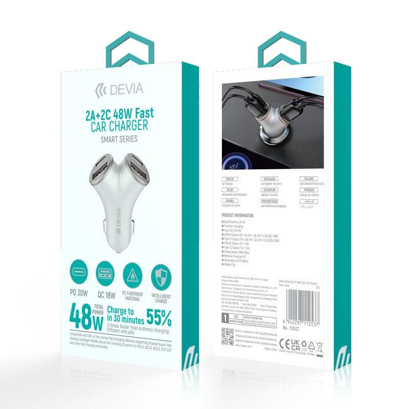 Devia Smart Series Chargeur voiture rapide 48W, 2 USB-A + 2 Type-C