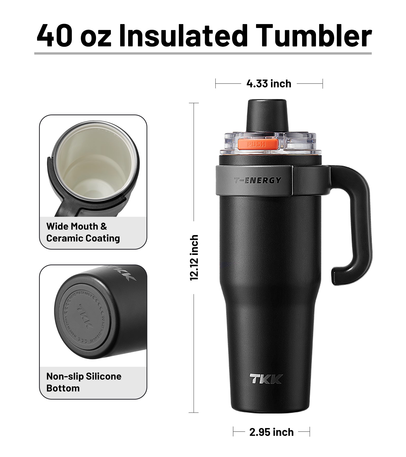 TKK Tumbler isotherme avec poignée, Revêtement intérieur céramique, double paroi avec paille et couvercle