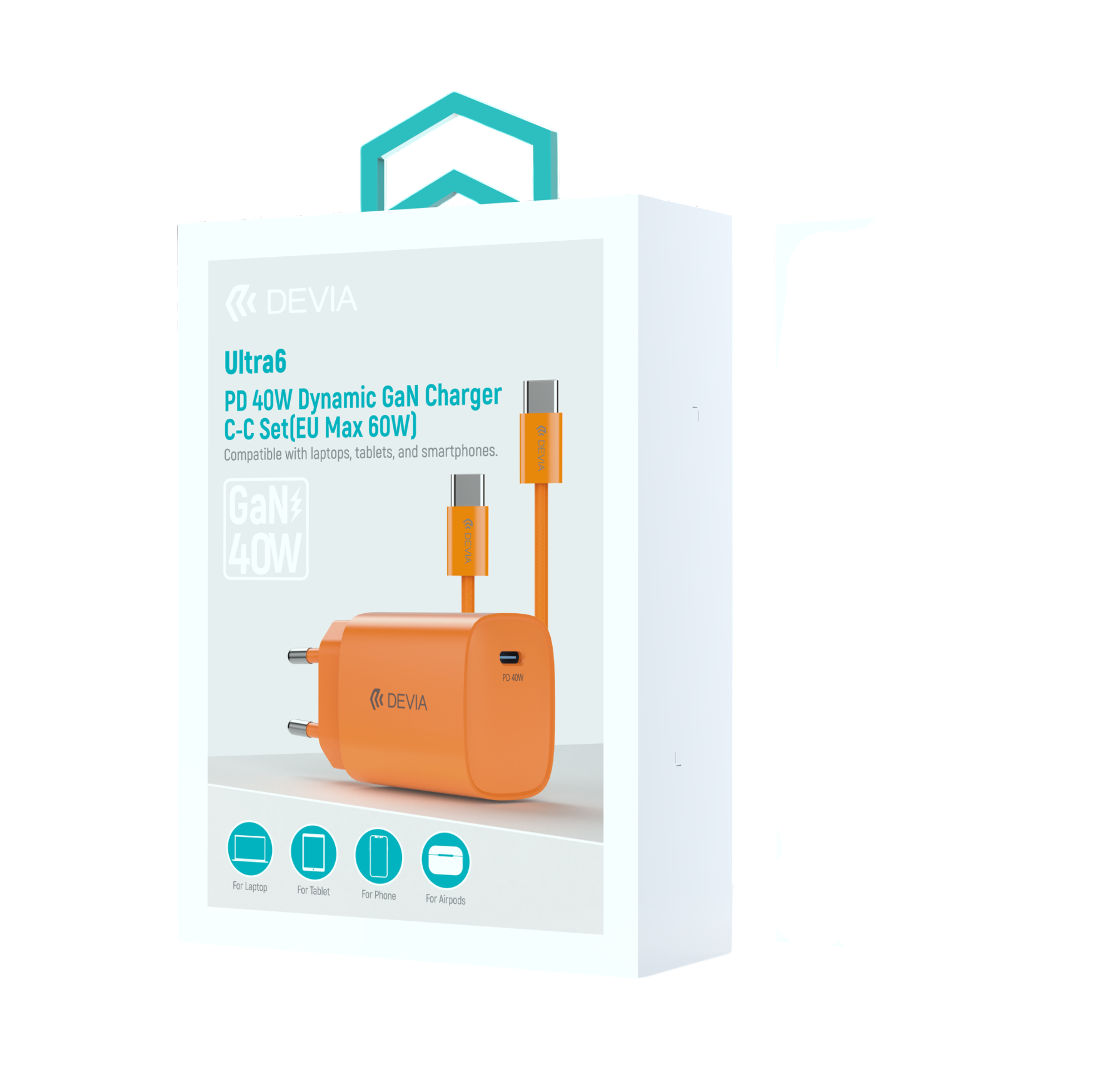 Devia Ultra 6 Chargeur GaN Dynamique PD 40W avec Câble USB-C vers USB-C, EU Max 60W Orange