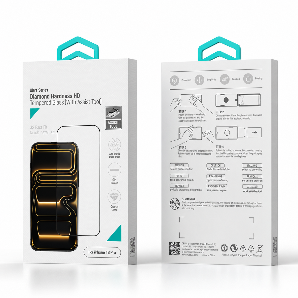 Devia Ultra Series Verre Trempé HD, Dureté Diamant avec outil d’installation pour iPhone 18 Pro