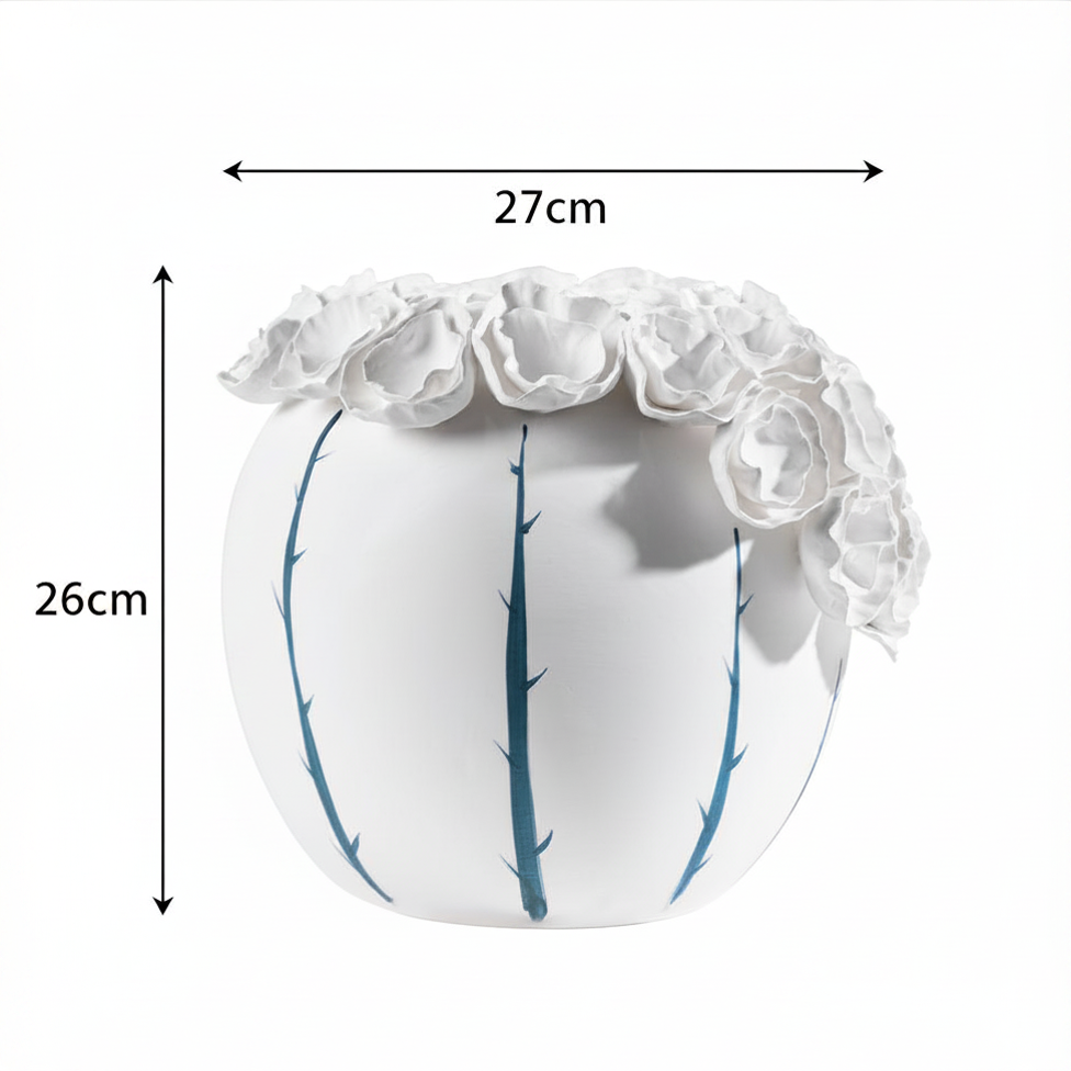 Merlin Living Vase en Céramique Fait Main avec Motif Bleu Peint et Fleur en Relief