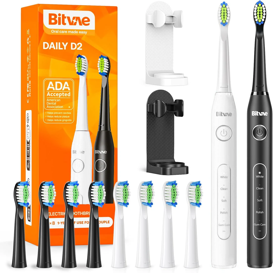 Bitvae D2 Pack, 2 Brosses à Dents électriques Noir et Blanc, Ultrasonique avec 8 Têtes de Brosse