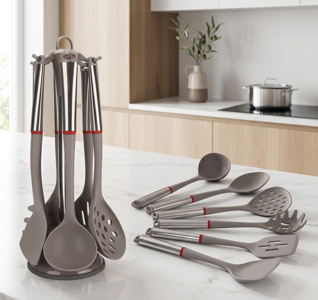 Set d’Ustensiles de Cuisine 6 Pièces en Silicone, Outils de Cuisson Antiadhésifs avec Manches en Acier Inoxydable
